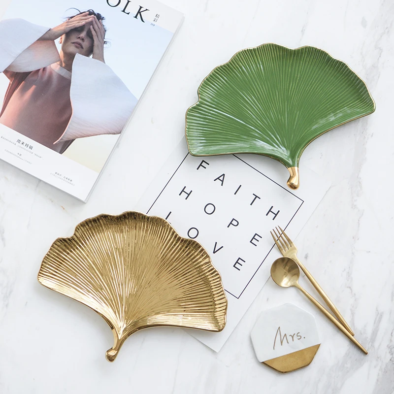 Тарелки Ginkgo biloba, коробка для хранения ювелирных изделий, декоративный поднос, тарелки для еды, для ужина, креативный дизайн, Золотая инкрустация, лист