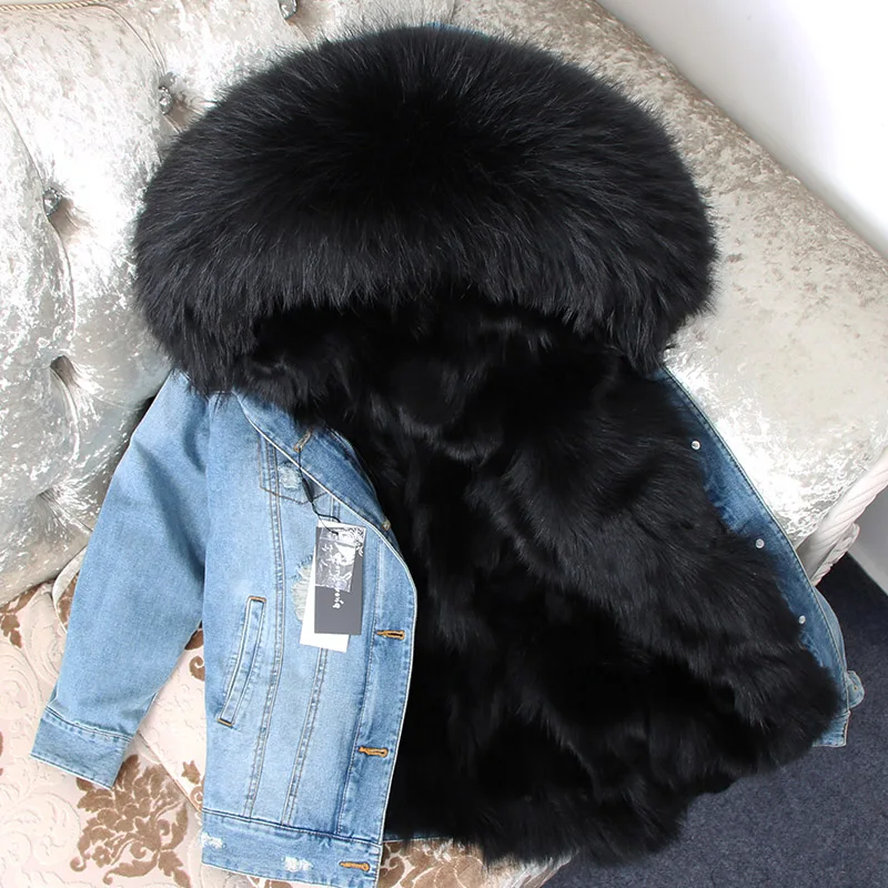 K43 Black Женская зимняя мягкая теплая джинсовая куртка с подкладкой из натурального Лисьего меха, парка с воротником из лисьего меха, модная куртка, зимнее теплое меховое пальто - Цвет: K43 Black