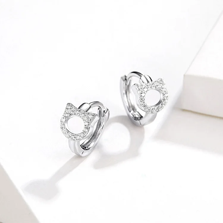 Серьги BISAER в виде кота, 925 пробы, серебряные, животные, кошка, киска, котенок, маленькие серьги-гвоздики для женщин, модные серебряные ювелирные изделия EFE171
