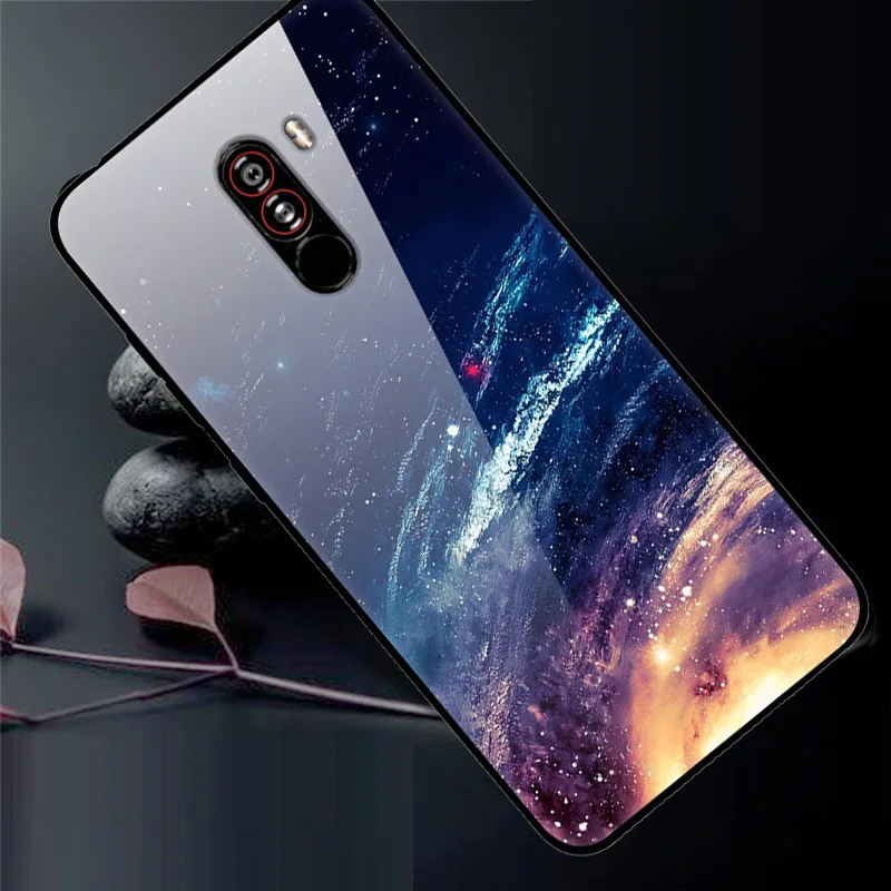 Чехол для Xiaomi Pocophone F1, закаленное жесткое заднее стекло, чехол для Xiaomi Poco F1, силиконовый мягкий бампер, чехол с принтом