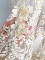 lux 3d pearl beaded blossom floral embroidery lace fabric in champagne by yard haute couture bridal wedding gown fabric
