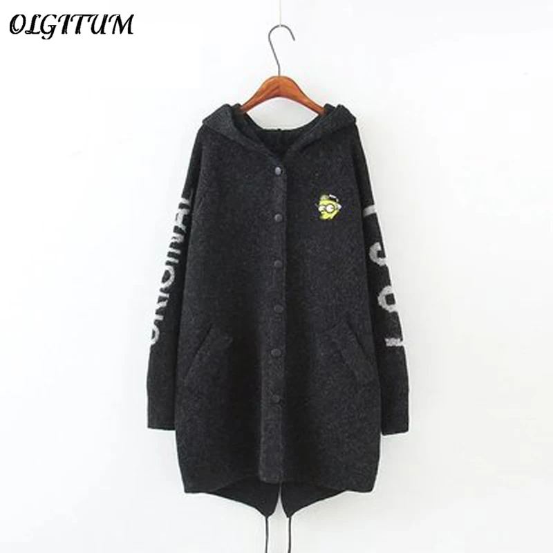 OLGITUM 2019 new Cardigan Sweater loose coat Cartoon embroidery hooded knitted sweatersfor Wome Fall Warm Thick Poncho Jacket |