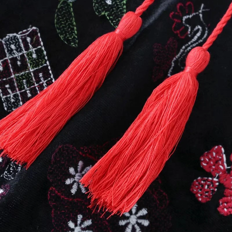 SCQP Черный цветочной вышивкой блузка кисточкой весна корейский стиль Для женщин с