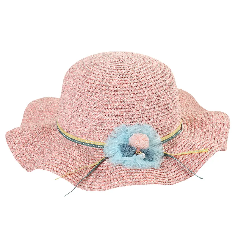 pink Модные соломенные шляпы для девочек и мальчиков, летняя детская солнцезащитная Кепка с милым бантом, детская цветная лента, Декор, Цветочная пляжная шляпа для мальчиков и девочек - Цвет: pink