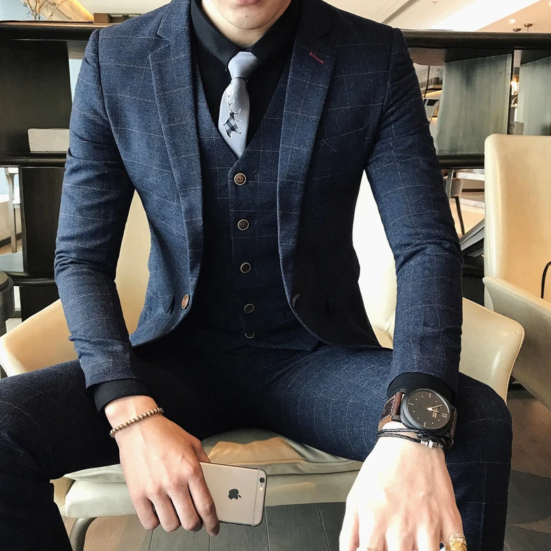 (Пиджак + жилет брюки) 2019 новый высококачественный модный мужской костюм в клетку
