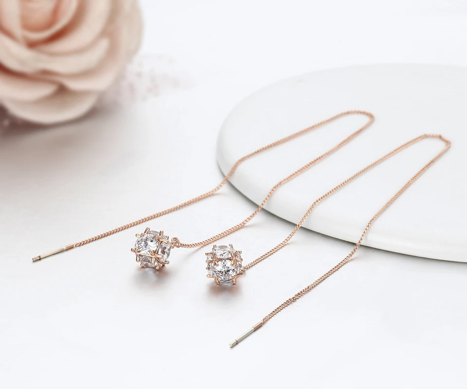 Полный Круглый AAA CZ Циркон мяч Link Rose Gold Цвет длинной цепочкой падение серьги нити через Серьги для Для женщин Обувь для девочек ювелирные изделия aros