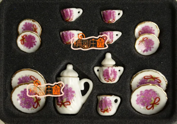 

A01-X291 children baby gift Toy 1:12 Dollhouse mini Furniture Miniature rement ceramics tea set 15pcs/set purple flower