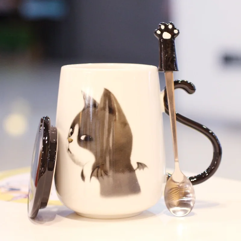 OUSSIRRO Cute Cat Ceramics Mug With Lid an Spoon Large Capacity 500ml Mugs Coffee Milk Tea Cups Novelty Gifts | Дом и сад