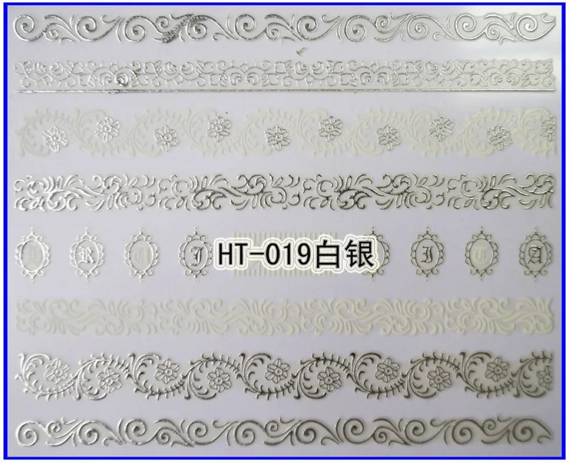 HT019 WHITE SILVER 1х самоклеющиеся черные, белые, золотые, серебряные металлические наклейки для дизайна ногтей, слайдер, кружева, лоза, винтажная мода, арабский узор, HT19-21 - Цвет: HT019 WHITE SILVER