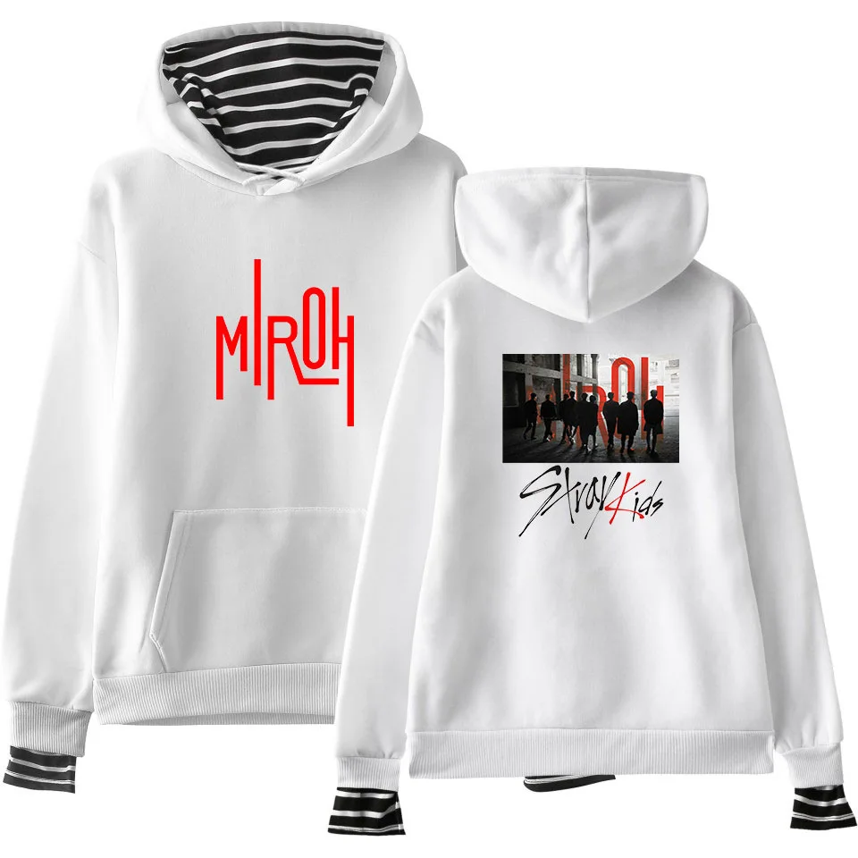 

Детские толстовки с капюшоном Kpop Stray Kids, с рисунком альбома, в полоску, с имитацией двух частей, толстовки в стиле Харадзюку, Повседневная Сво...