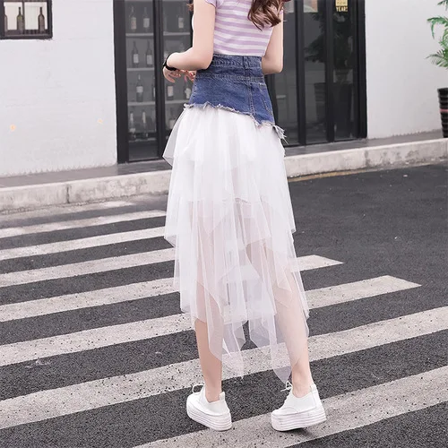 Fitaylor женская летняя джинсовая фатиновая Лоскутная юбка 2019 Высокая уличная талия