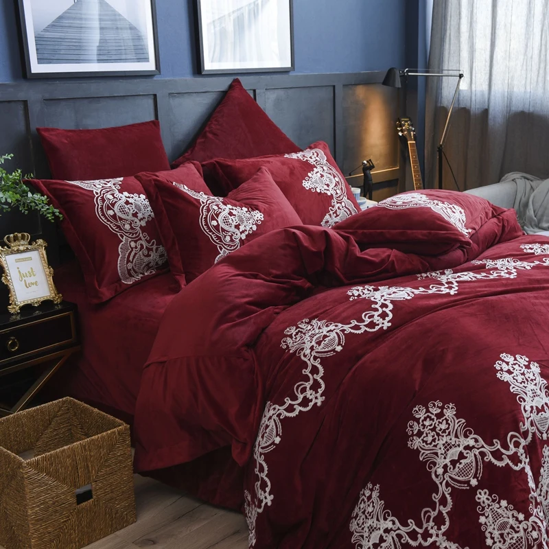 Red Wine Luxury Royal Embroidery Winter Thick Velvet Flannel Bedding Set Fleece Fabric Duvet Cover Bed Linen/sheet Pillowcases | Дом и сад