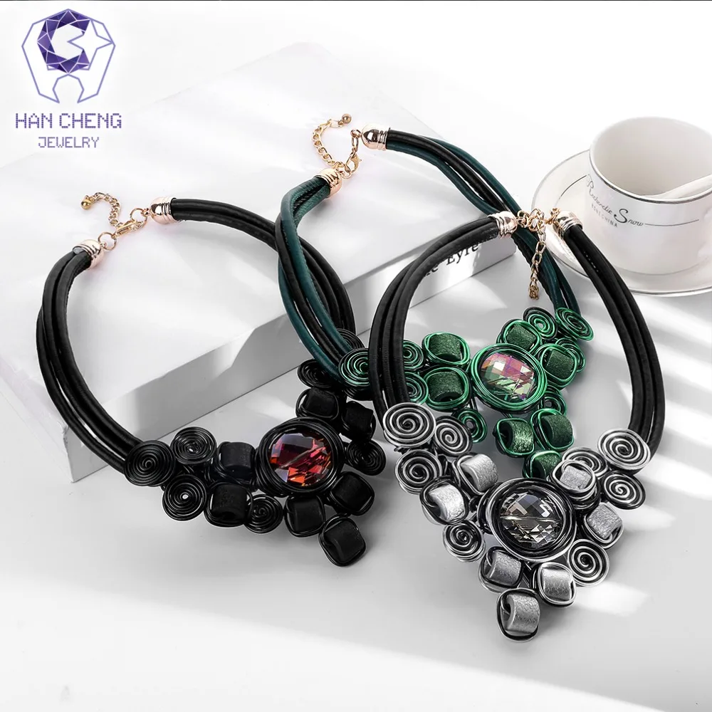 HanCheng/Новые модные короткие бусы, сделанные своими руками, кожаные ожерелья из веревки, цветные Кристальные женские ювелирные изделия-ожерелья с воротником bijoux
