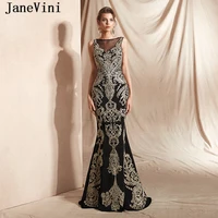 janevini 2019 saudi arabic black mermaid prom dresses sleeveless shiny gold lace appliques beaded satin long sexy evening gowns