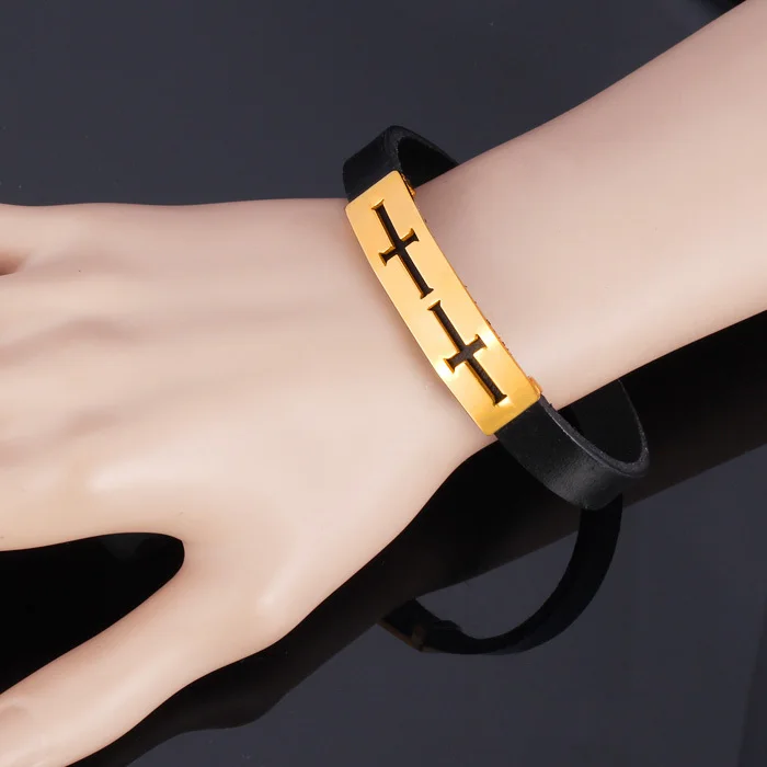 U7 Позолоченныq Мужской Браслет Ювелирные Изделия Крест Кожанный Для Мужчин H456 |