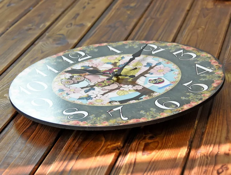 Красочный цветочный Сова узор Дизайн деревянные настенные часы 35 см круглые