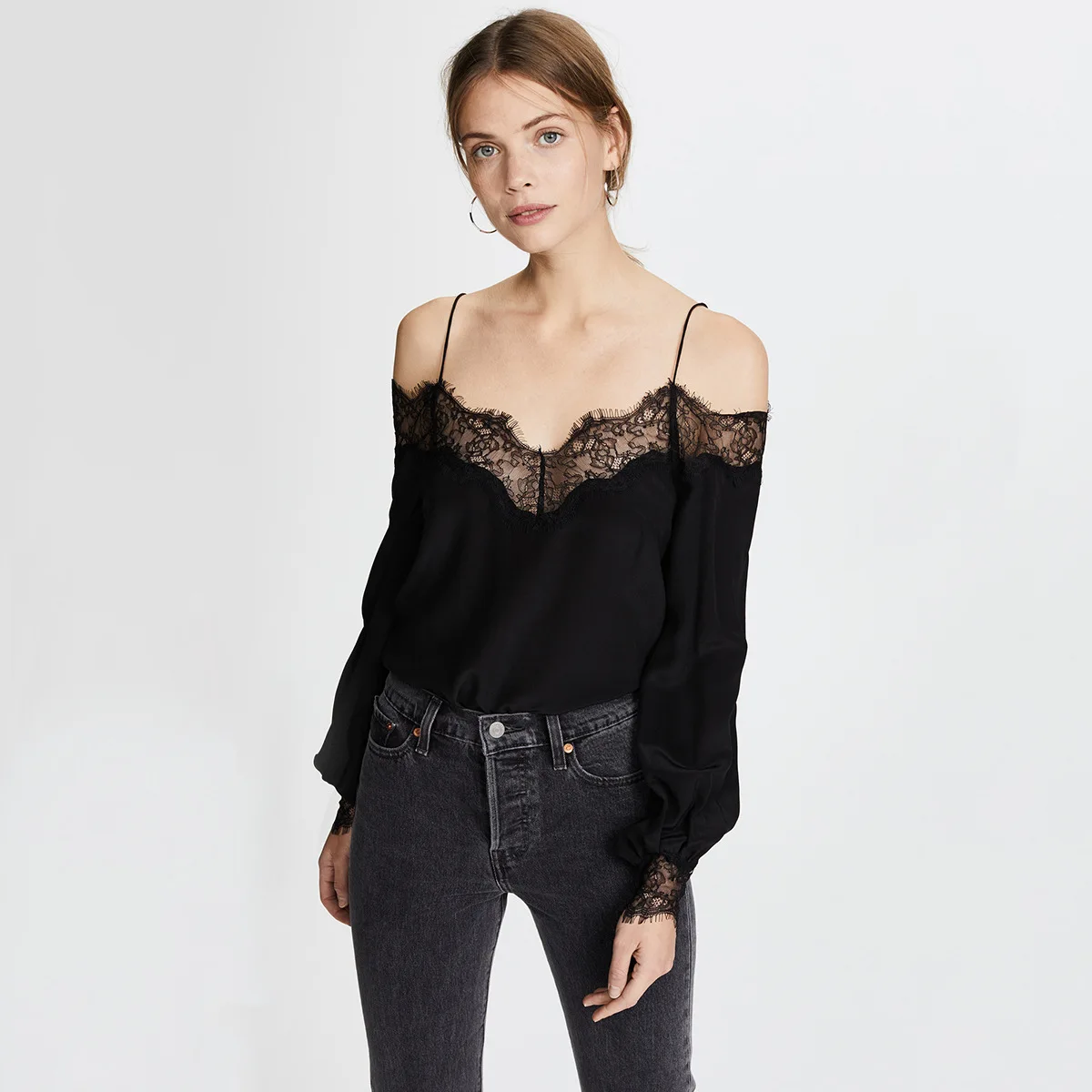 Модная кружевная Лоскутная Женская блузка с рукавами-фонариками