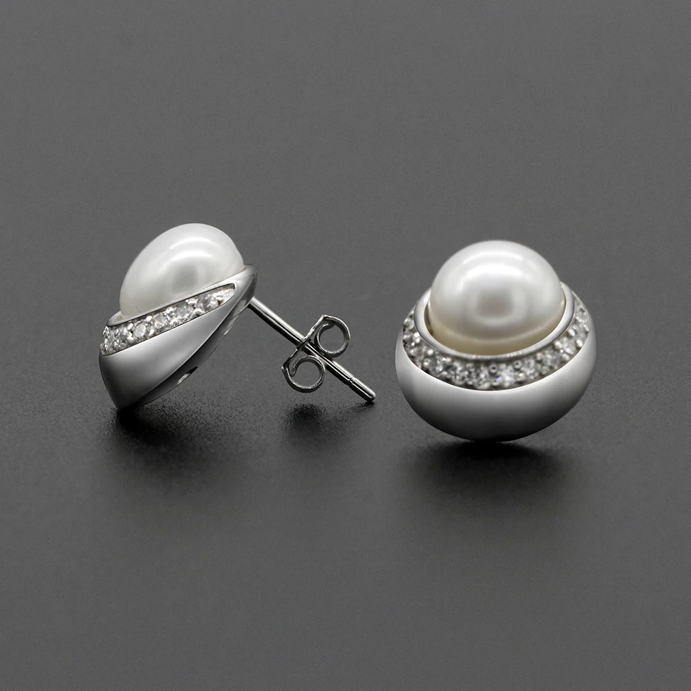 Pearl Earrings 925 Sterling Silver Freshwater with Clear CZ Stud Classic Jewelry Accessories for Women Gift|Серьги-гвоздики| |
