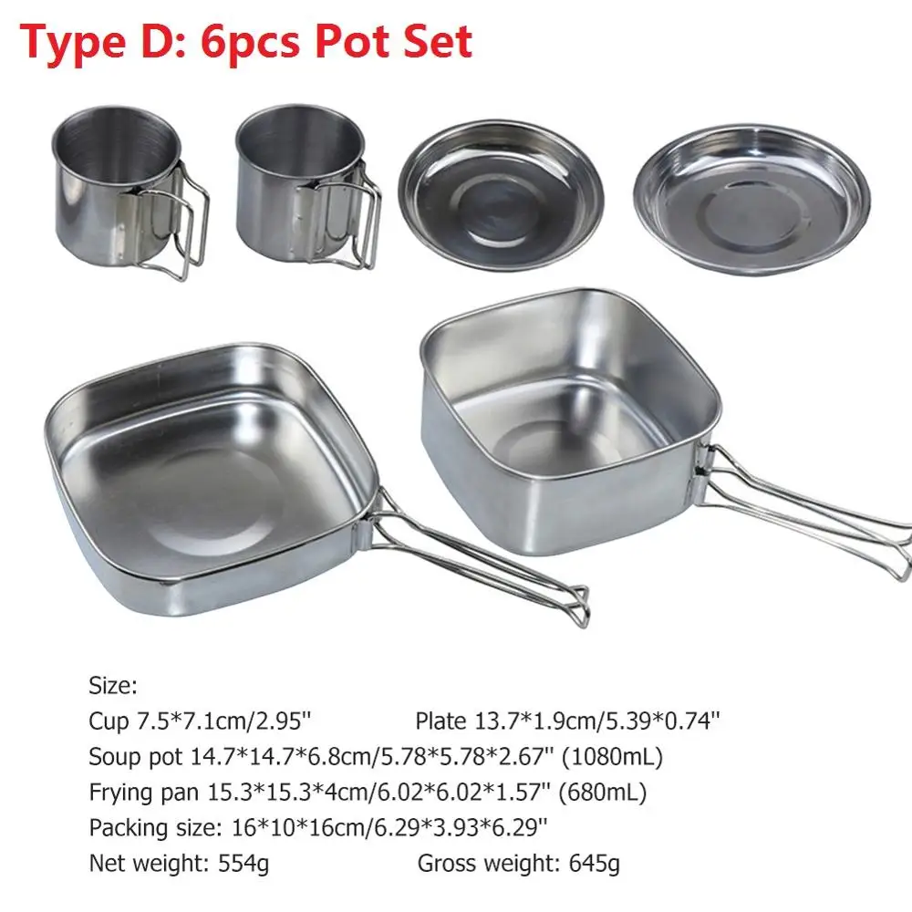 Type D 6pcs Pot Set Нержавеющая сталь складная походная дровяная плита для дома пикника барбекю жаровня уголь барбекю домашняя печь набор для пикника - Цвет: Type D 6pcs Pot Set