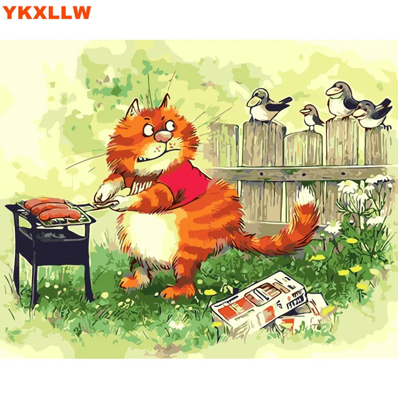 Картинка мультяшной кошки для детей, набор для творчества "цифровая живопись по номерам", картина маслом на хлопке, декор для детской комнаты.