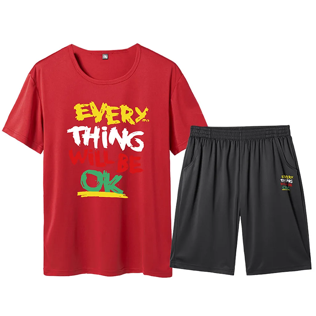 

Summer thin men's suit letter pattern round neck suit casual short-sleeved shorts sports suit Y617
