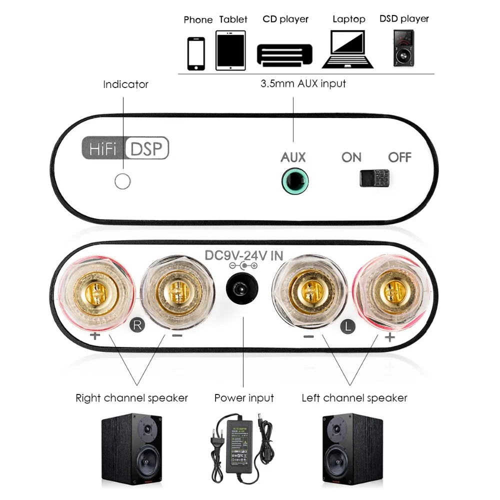 Nobsound Hi-Fi Цифровые усилители стерео мини DSP Bluetooth 5,0 домашний аудио Настольный усилитель мощности 50 Вт* 2 черный