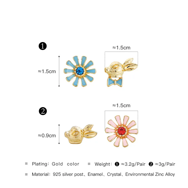 Asymmetric Enamel Pink Blue Flower Rabbit Stud Earrings Sweet Cute Alloy Gold Color Small for Women Girls Gifts | Украшения и