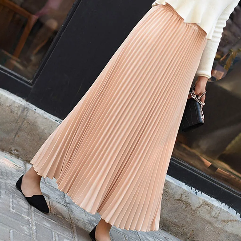 Женская однотонная плиссированная элегантная юбка миди с эластичным поясом, женские юбки с цветочным рисунком, высокая эластичность, мультяшный принт, миди плиссированная юбка