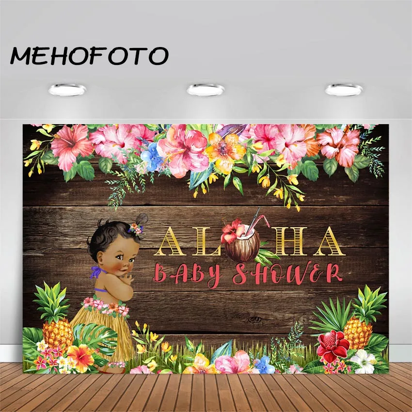 Фон для вечеринки Aloha Baby Shower Hawaiian Luau с баннером, подходящим для фотографий, с маленькой девочкой и ананасами.