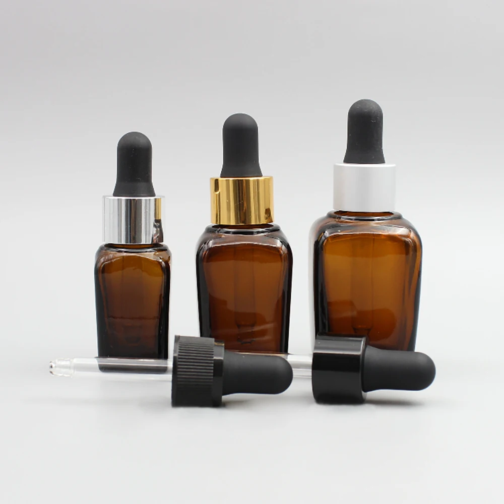 Amber 20ml Square Glass Serum Bottle Dropper with Matte Black Rubber