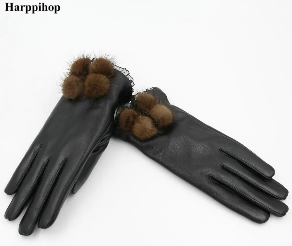 

Harppihop Winter Genuine Leather Gloves for Women sheepskin Finger Glove 2017 New Arrival Fashion Mink Ball Warm Mittens