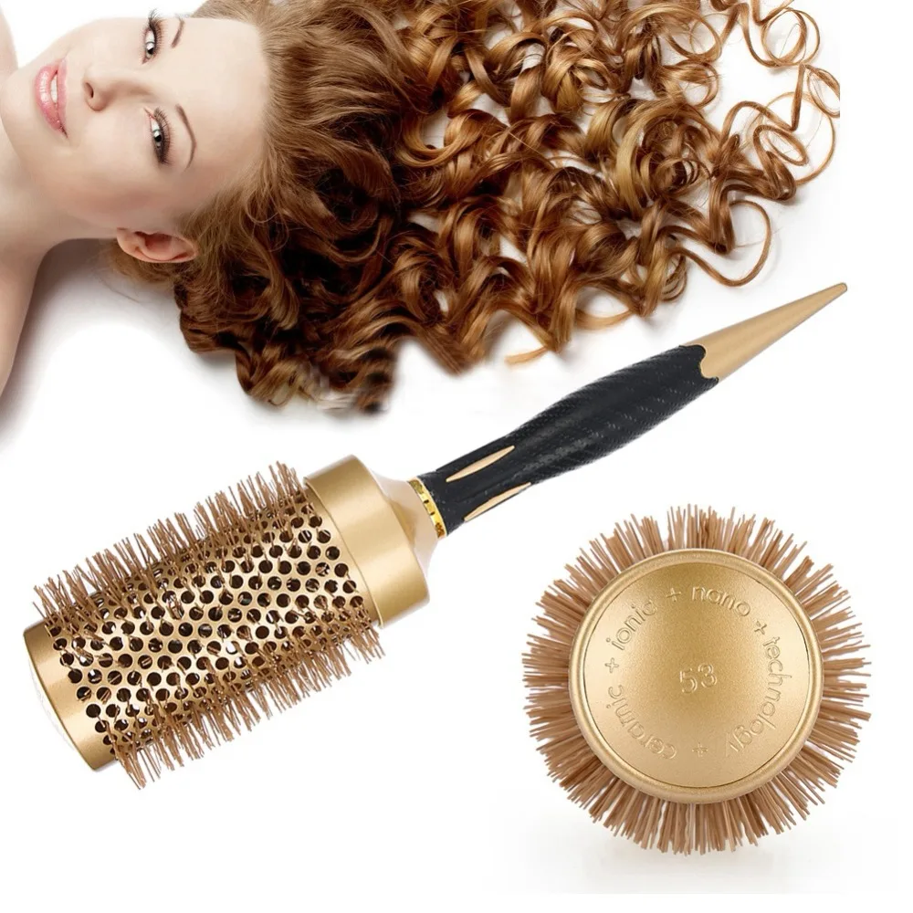 

Portable Anion Anti-static Round Hair Comb Hair Dressing Brushes Salon Styling Brush Hairdressing Tools Gold(53mm)