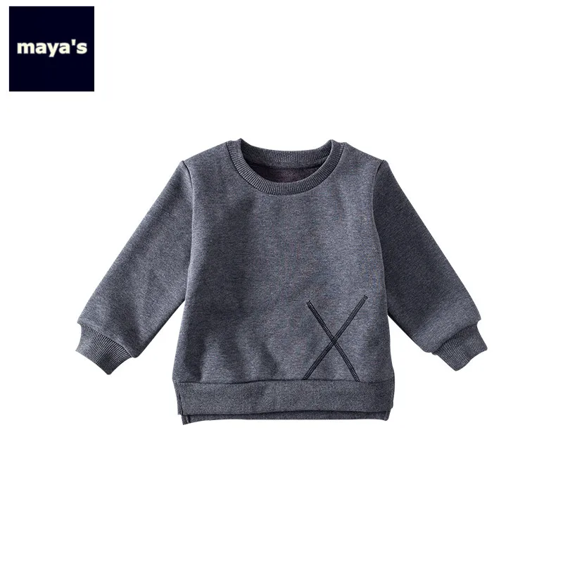 Mayas/серые Новые лоскутные осенние рубашки для мальчиков зимние Утепленные Повседневные детские топы с круглым вырезом, базовые свободные свитера, 84036 - Цвет: Темно-серый
