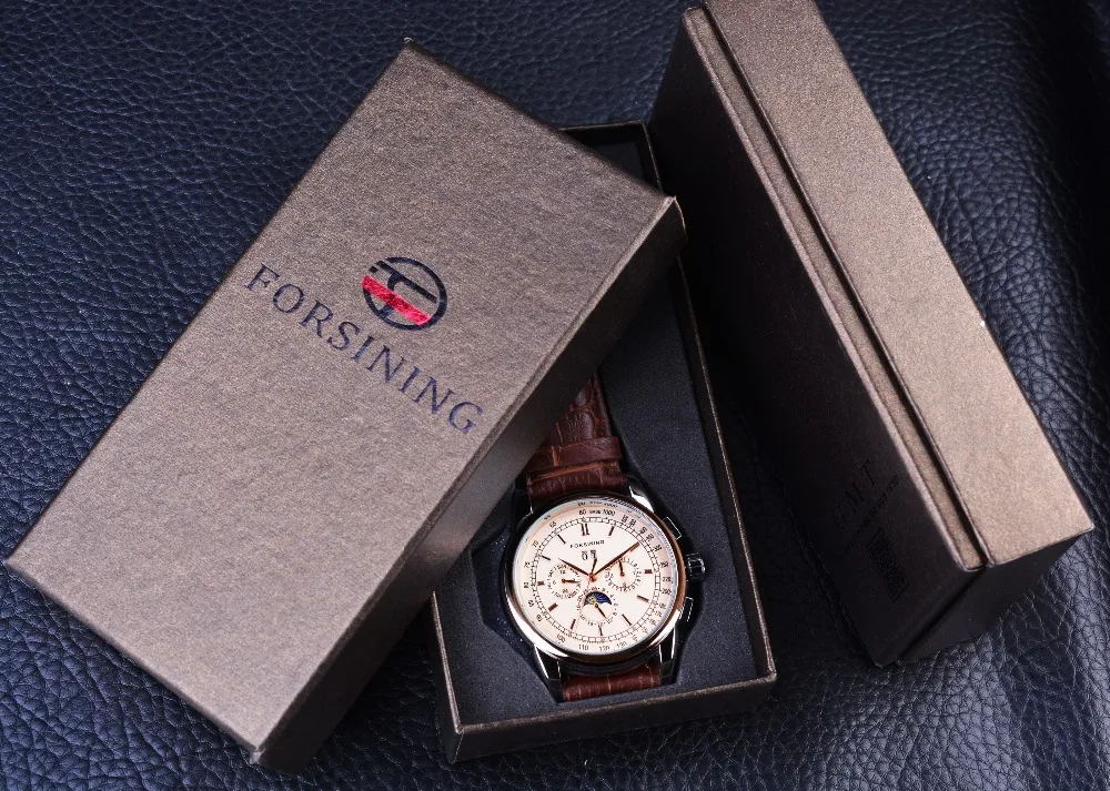 Мужские часы Forsining Moon Phase Shanghai Move, чехол из розового золота с коричневым кожаным ремешком, мужские часы от ведущего бренда, Роскошные автоматические часы