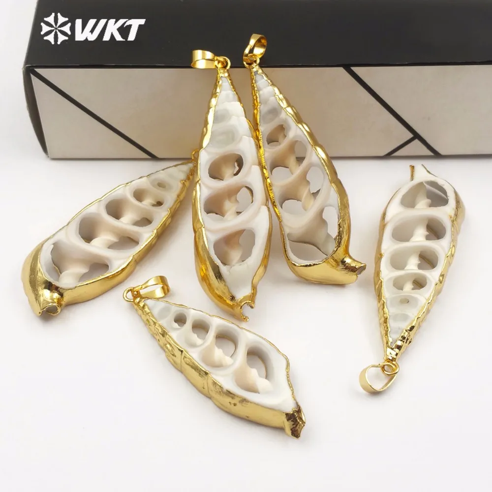 

WT-JP092 Natural Trumpet Shell Pendant Bohemian Style Plant Leaf Shape Middle Part Cutout Gold Decorative Pendant Ladies Jewelry