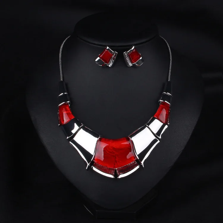 

famous brand 2 pieces red statement Necklace + earrings girl high quality colorful short female clavicle chain Women jewelry set