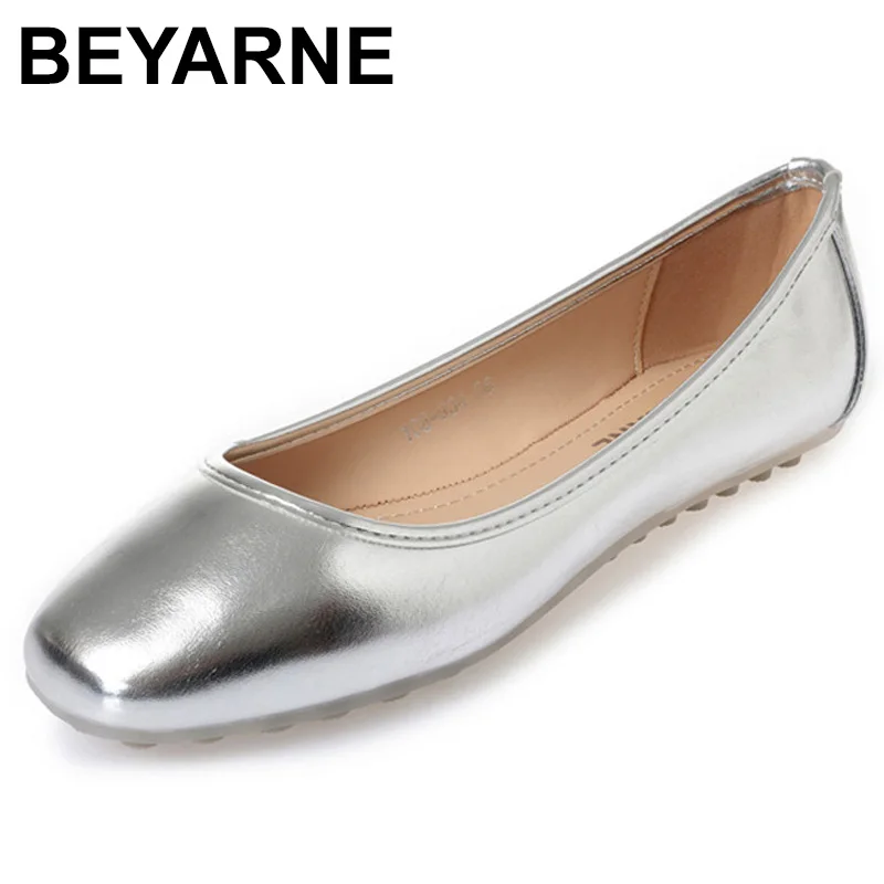 

BEYARNEFemale's Vintage SquareToe Slip-on Spike Heel Flats Rome style Plus size Anti-Skip BoatShoes Grey Gold SilverFashion E502