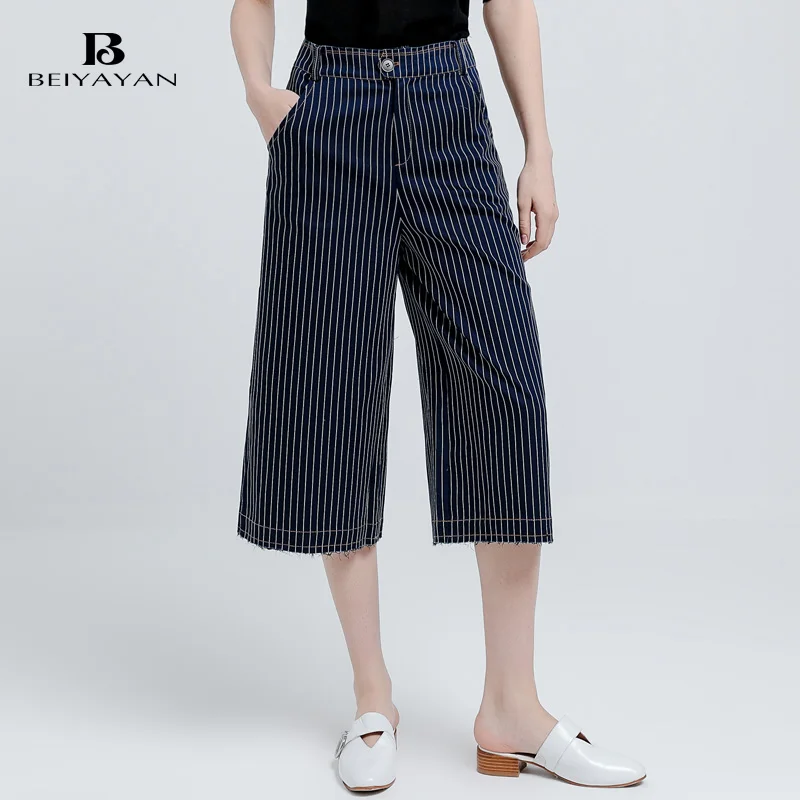 BEIYAYAN Pantalon Femme 2017 Женщин Летние Брюки С Карманами Повседневная Полосатый Капри |
