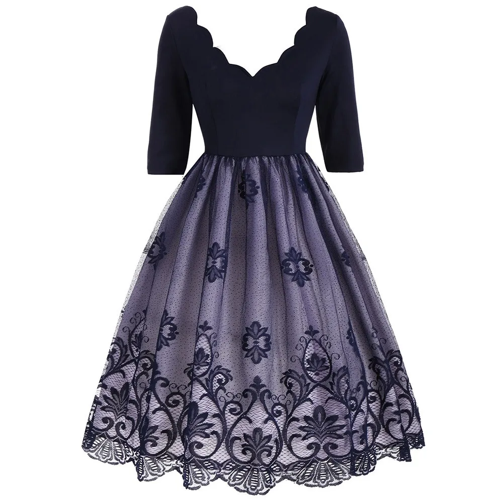 

Women Vintage Dress Lace Elegant Casual Large Size 5XL Floral Mesh Hollow Female Black Retro Plus Size Rockabilly Party Dresses
