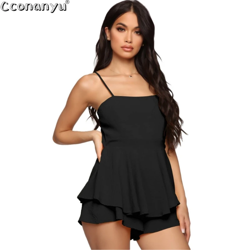Сексуальный короткий комбинезон на бретельках с оборками Модный женский