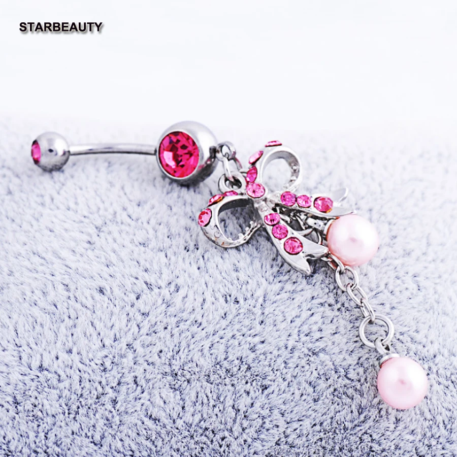 Колечки для пупка с бантом белого и розового цвета милые кристаллами жемчугом