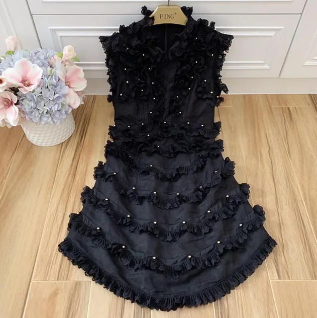 Новые летние дизайнерские Для женщин льняные бусы Vestidos без рукавов вечернее платье с оборками Femme Белый Черные вечерние платья E13 - Цвет: Черный
