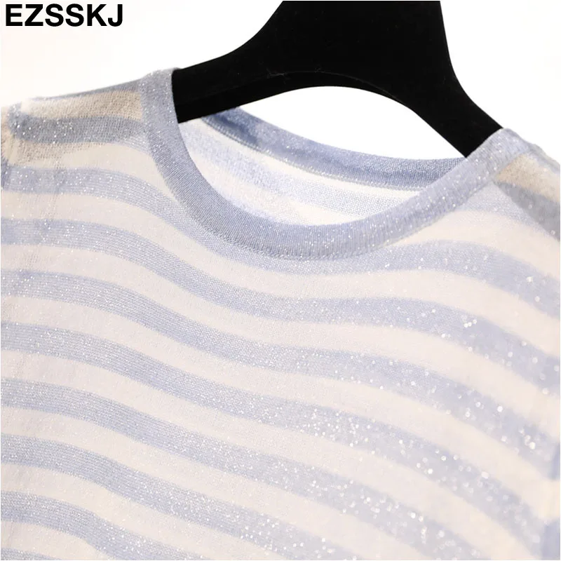 thin summer striped knit t-shirt Women short sleeve T-Shirt bling O-neck cool Glitter Basic t-shirt sexy shiny top
