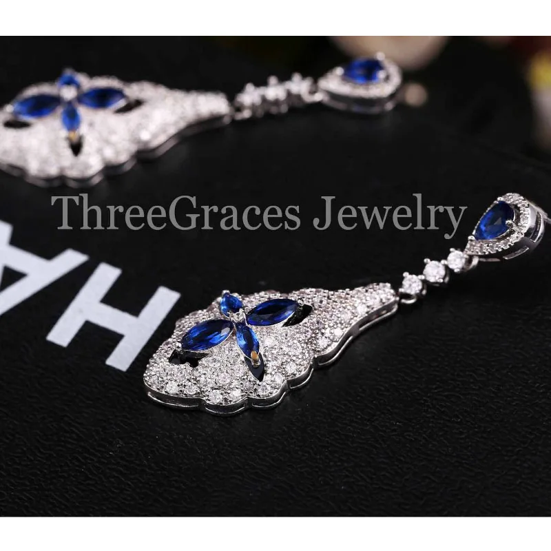 Женские винтажные серьги подвески ThreeGraces длинные Королевского синего цвета с