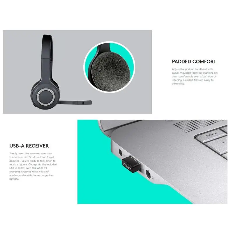 Беспроводная гарнитура logitech H600 2,4 ГГц, игровые стерео наушники, портативные наушники с микрофоном для ПК