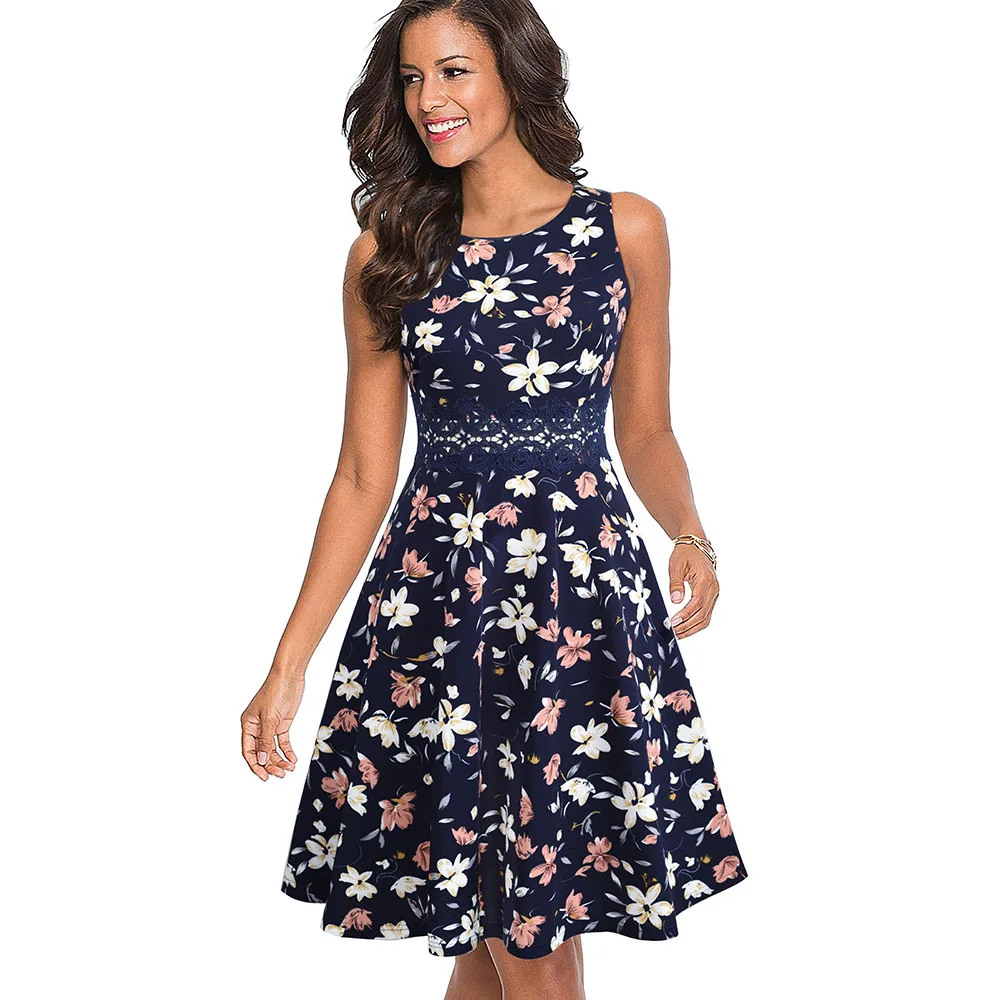 Navy and Flower Хорошее-forever винтажное элегантное кружевное лоскутное платье с цветочной вышивкой трапециевидной формы Pinup Деловые женские вечерние Расклешенные платья A079 - Цвет: Navy and Flower