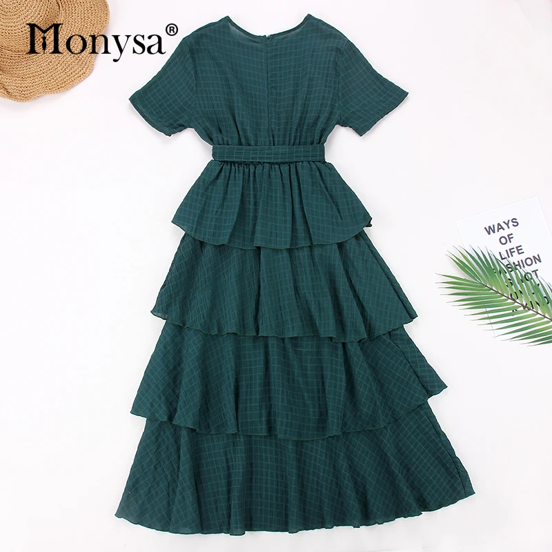 Женское платье миди Monysa повседневное зеленое с коротким рукавом и каскадными