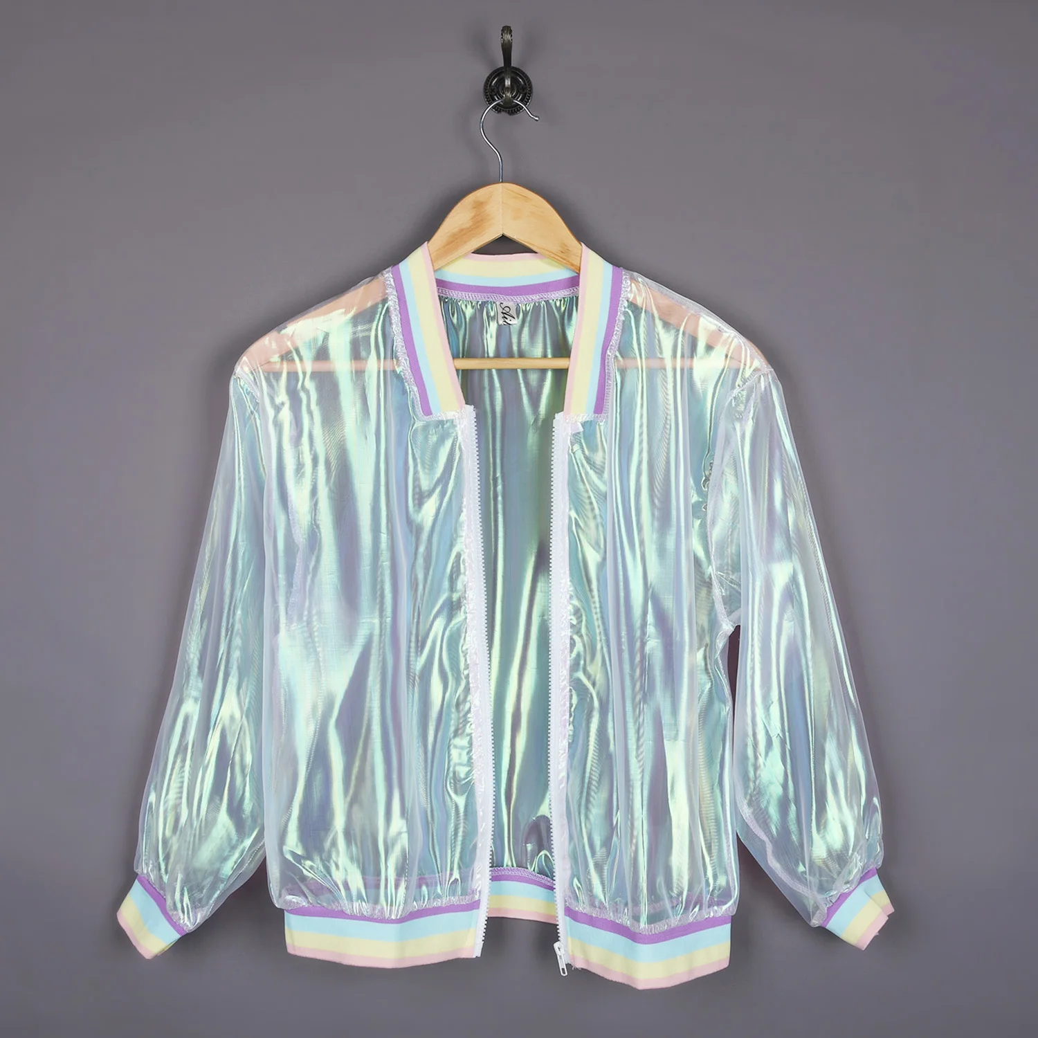 2019 Fashion Coat Women Iridescent Transparent Short Jacket Zipper Holographic Laser Rainbow Bomber Casual Tops | Женская одежда