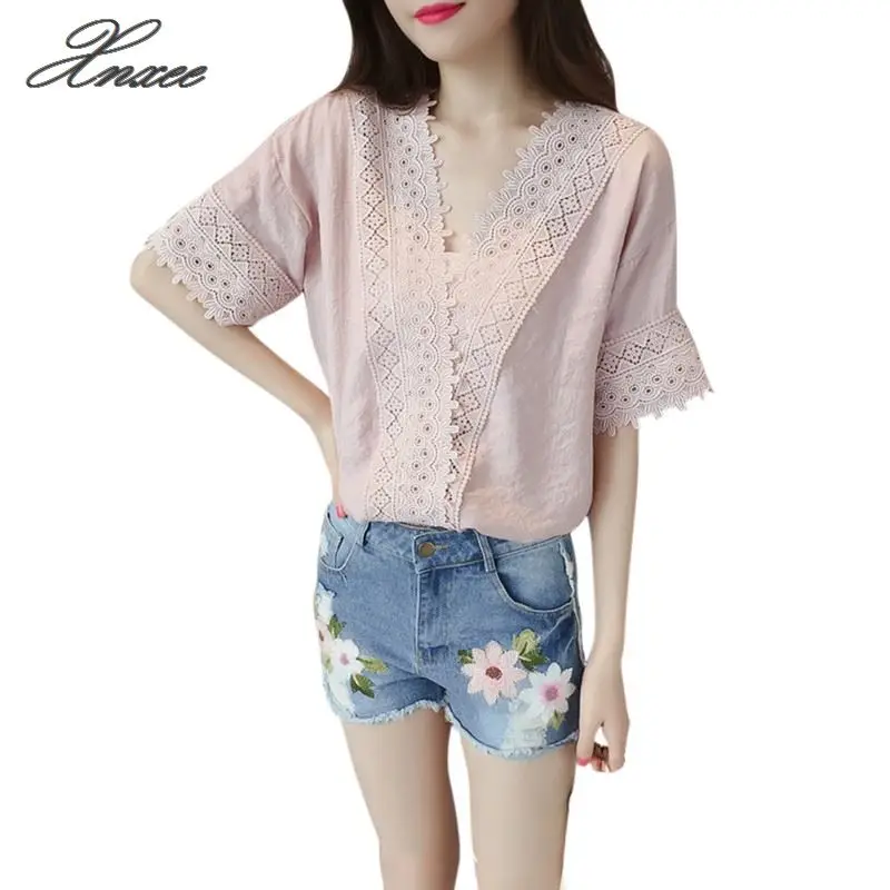 

2020 Summer Sexy Women Blouses Lace Hollow Out Shirts White Casual Tops Blouse