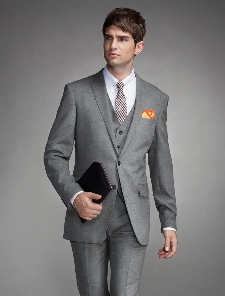 Custom Made Slim Fit Grey Groom Tuxedos Notch Lapel Best Man Groomsman Men Wedding Suits Bridegroom( jacket+Pants+vest+tie)